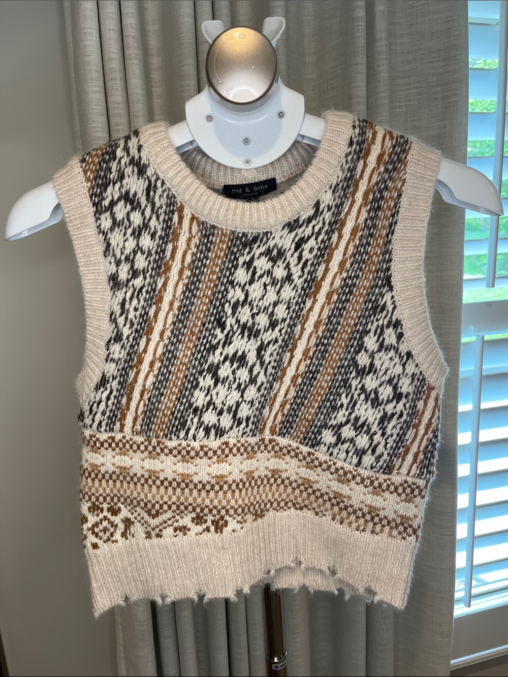 rag & bone Hollis Fair Isle Ivory, Brown & Black Patterned Knit Sweater Vest XS